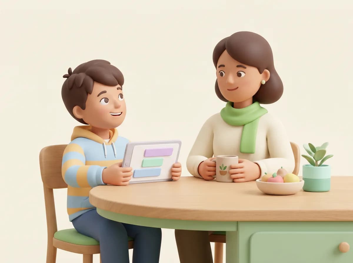 Kind lernt entspannt Mathe am Tablet, Elternteil sitzt auf Augenhöhe daneben