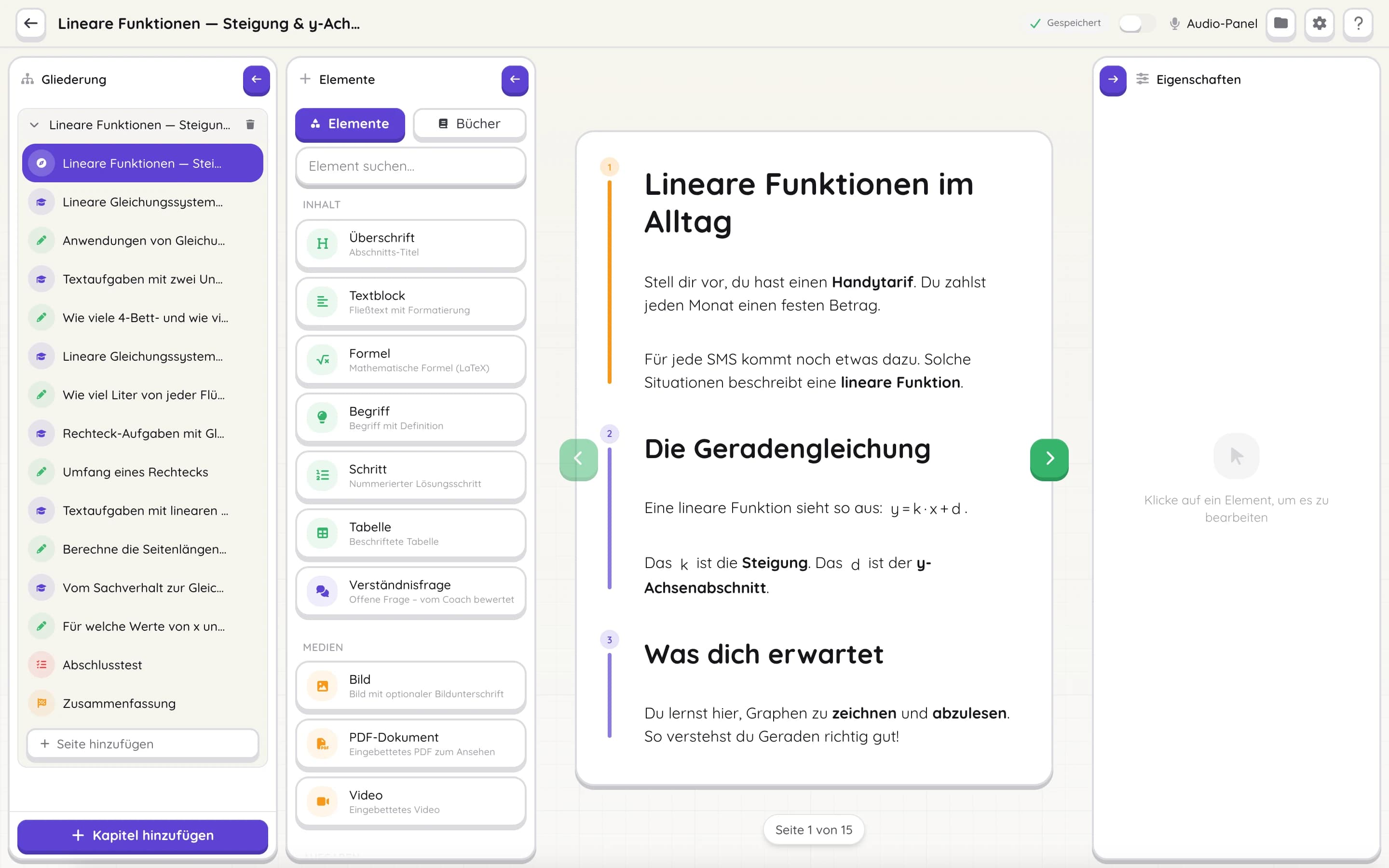 Der Kurs-Editor mit dem fertigen Kurs: Gliederung mit 15 Seiten, Elemente-Palette und Kursseite mit Formel