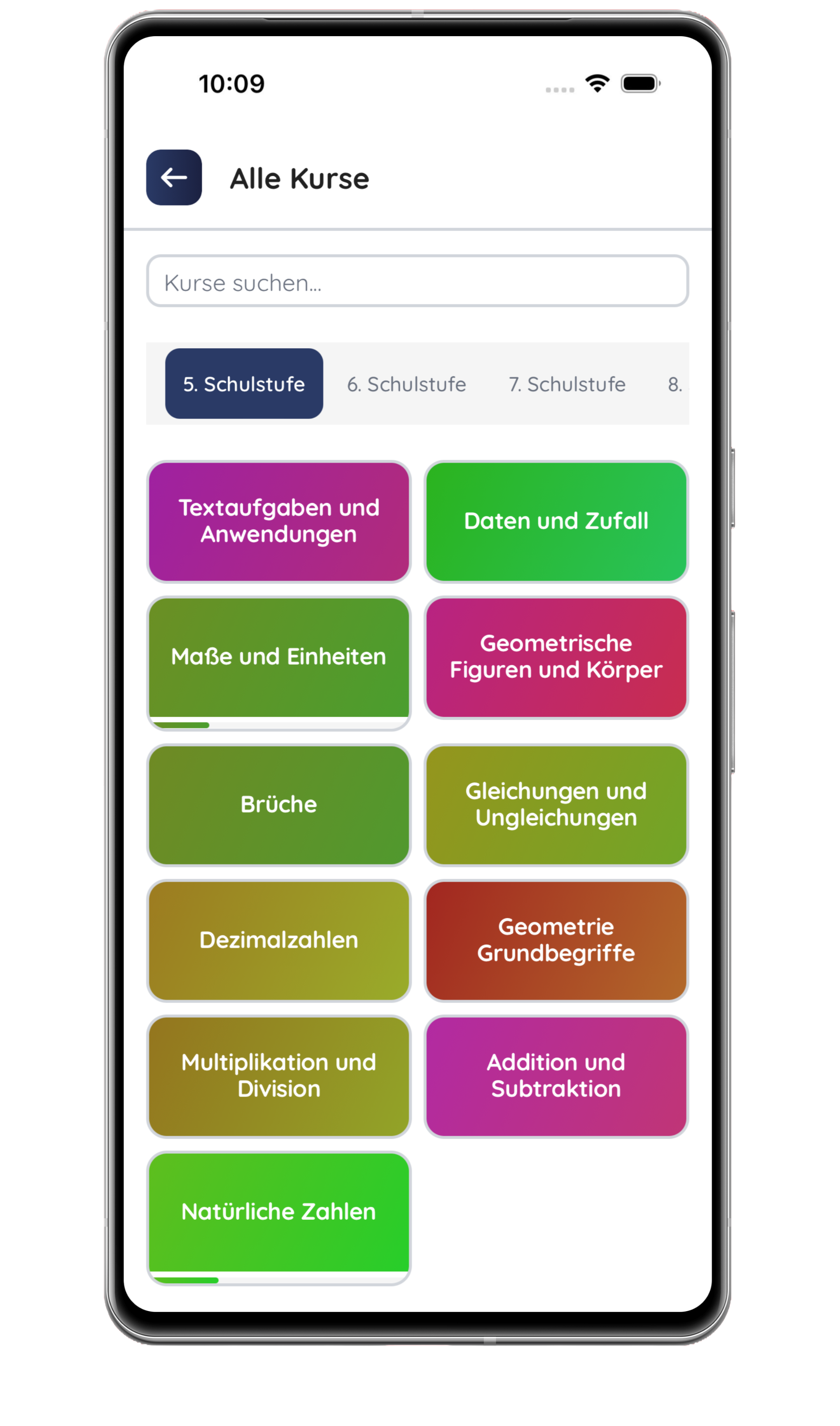 Mathion App — Alle Kurse, sortiert nach Schulstufe